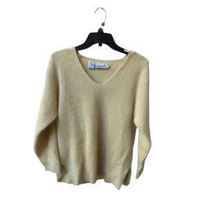 Rafaella V-Neck Rabbit Hair Wool Blend Sweater M Yellow Soft Luxe Fuzzy Sparkly